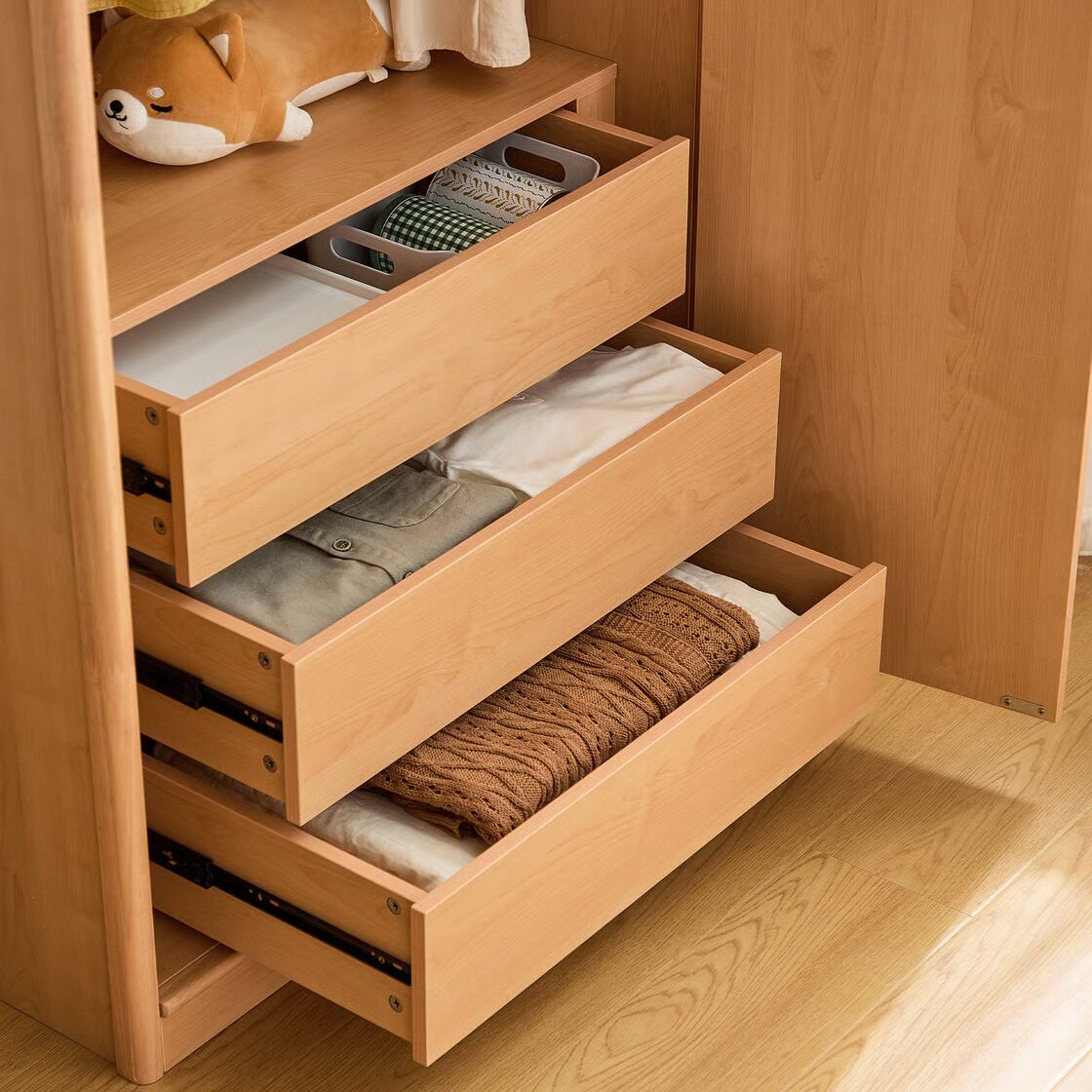 Minimal Solid Wood Kids Wardrobe with Double Doors - Modern Children’s Wooden Almirah with Recessed Handle and Spacious Storage