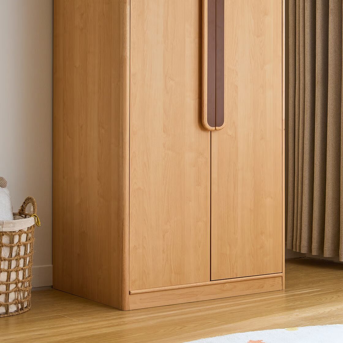 Minimal Solid Wood Kids Wardrobe with Double Doors - Modern Children’s Wooden Almirah with Recessed Handle and Spacious Storage