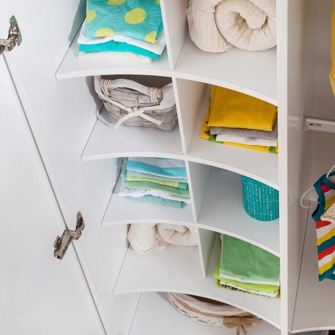 Premium White Kids Wardrobe with Curved Design - Modern Children’s Storage Cabinet with Cute Knob Accents and Smooth Rounded Finish