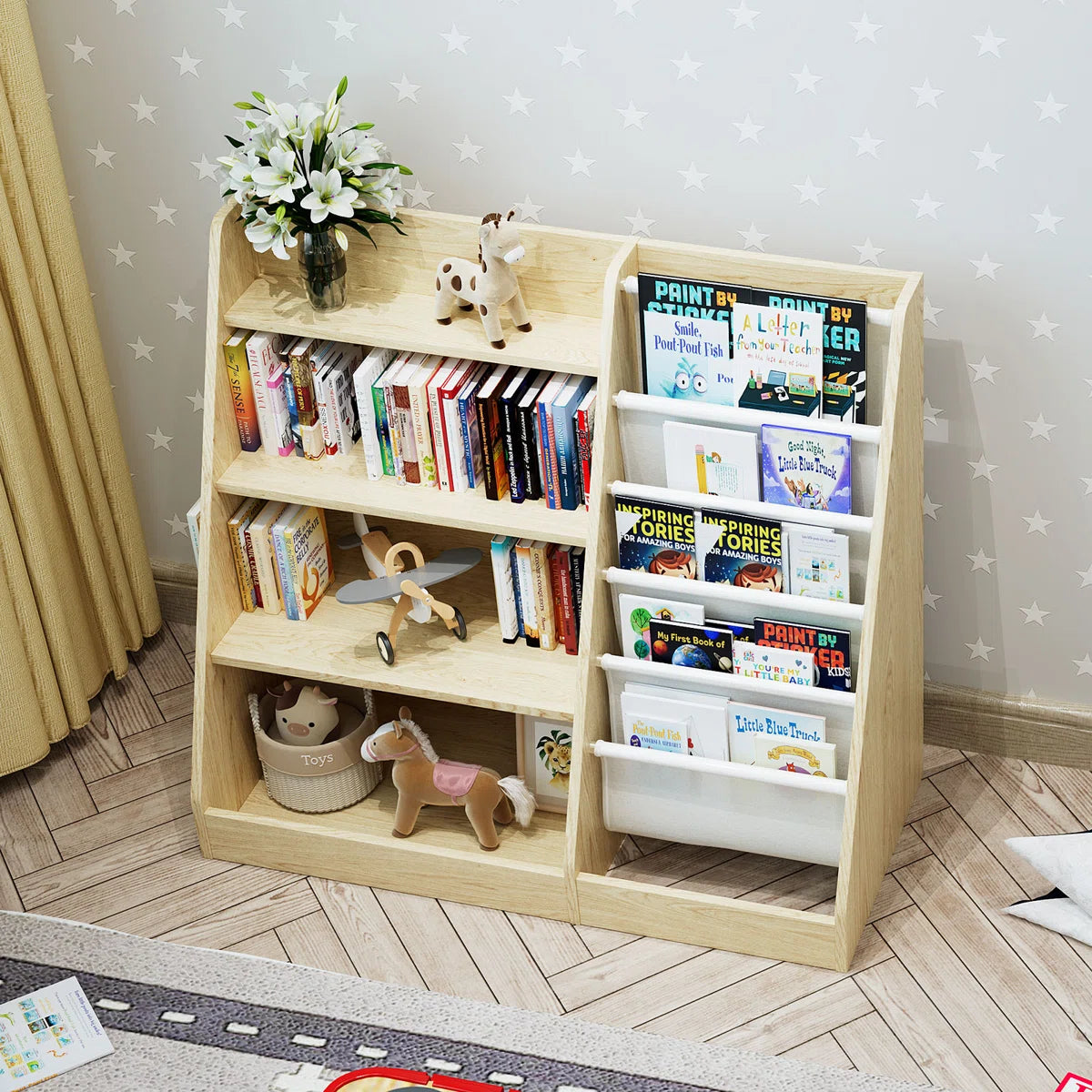 Wooden Kids Bookcase with Open Shelves - Modern Children’s Bookshelf with Front-Facing Book Display and Multi-Level Storage