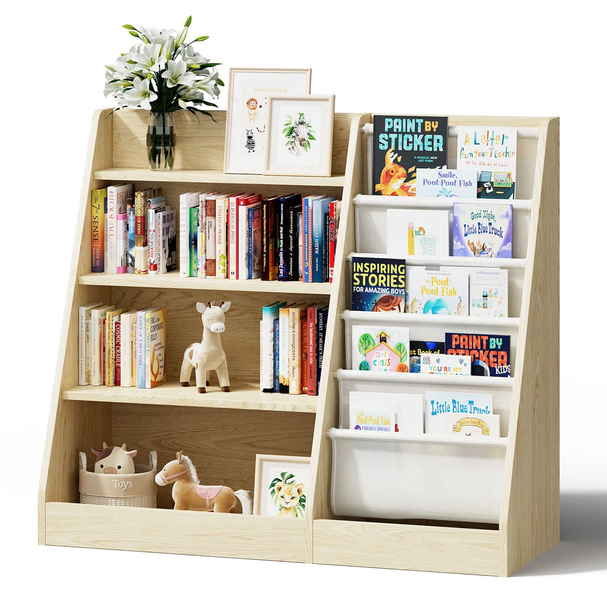 Wooden Kids Bookcase with Open Shelves - Modern Children’s Bookshelf with Front-Facing Book Display and Multi-Level Storage