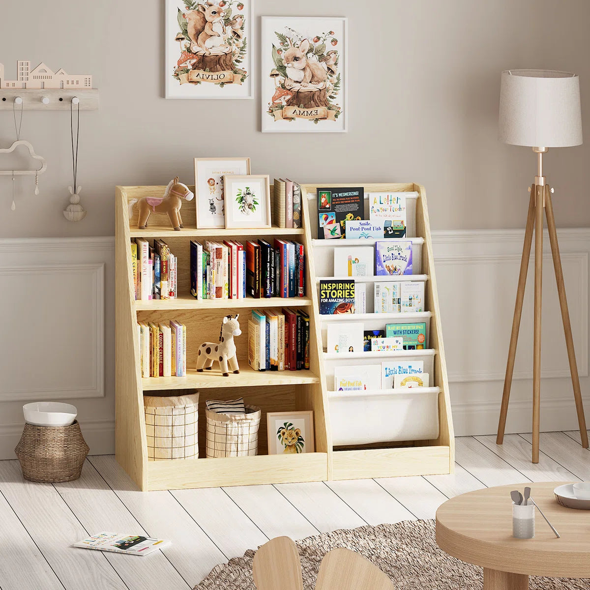 Wooden Kids Bookcase with Open Shelves - Modern Children’s Bookshelf with Front-Facing Book Display and Multi-Level Storage