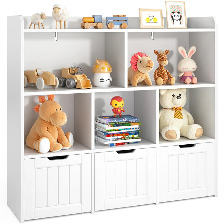 Modern White Kids Bookcase with Open Display Shelves and Bottom Storage Units – Wooden Toy and Book Organizer for Bedroom and Playroom