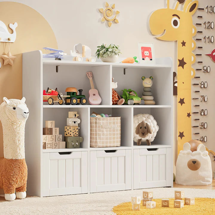 Modern White Kids Bookcase with Open Display Shelves and Bottom Storage Units – Wooden Toy and Book Organizer for Bedroom and Playroom