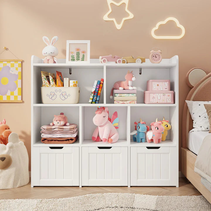 Modern White Kids Bookcase with Open Display Shelves and Bottom Storage Units – Wooden Toy and Book Organizer for Bedroom and Playroom