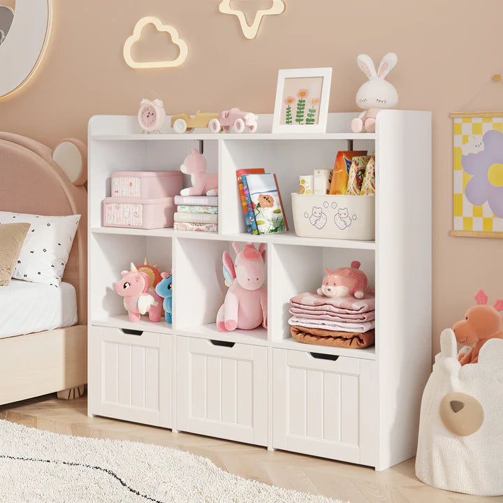 Modern White Kids Bookcase with Open Display Shelves and Bottom Storage Units – Wooden Toy and Book Organizer for Bedroom and Playroom
