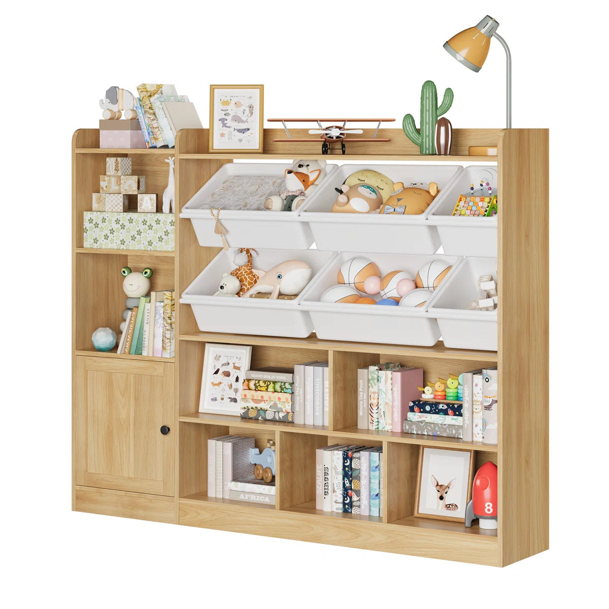 Modern Wooden Kids Bookcase with Open Shelves and Toy Storage Bins – Large Children’s Book and Toy Organizer for Bedroom, Nursery and Playroom