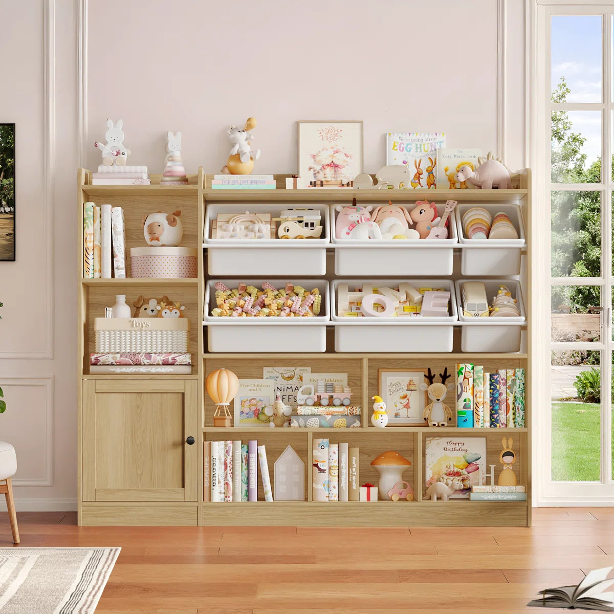 Modern Wooden Kids Bookcase with Open Shelves and Toy Storage Bins – Large Children’s Book and Toy Organizer for Bedroom, Nursery and Playroom