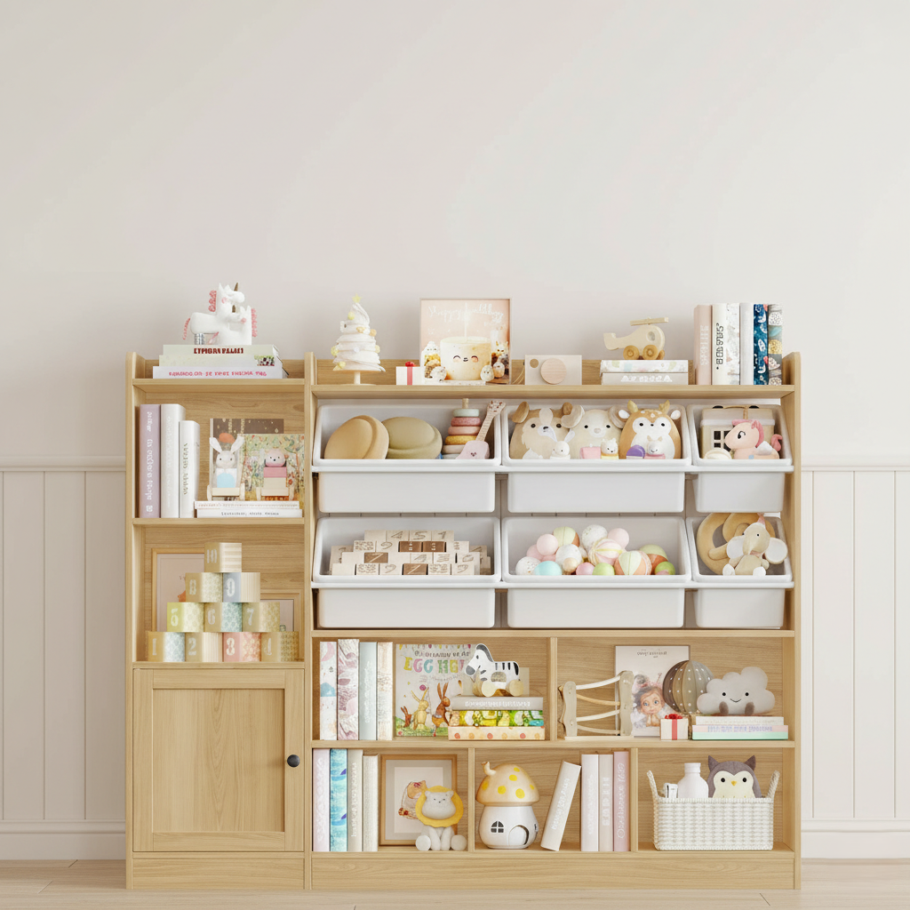 Modern Wooden Kids Bookcase with Open Shelves and Toy Storage Bins – Large Children’s Book and Toy Organizer for Bedroom, Nursery and Playroom