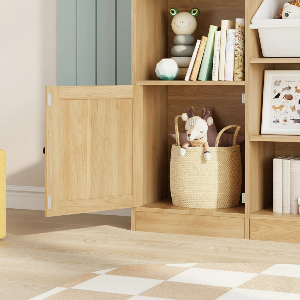 Modern Wooden Kids Bookcase with Open Shelves and Toy Storage Bins – Large Children’s Book and Toy Organizer for Bedroom, Nursery and Playroom