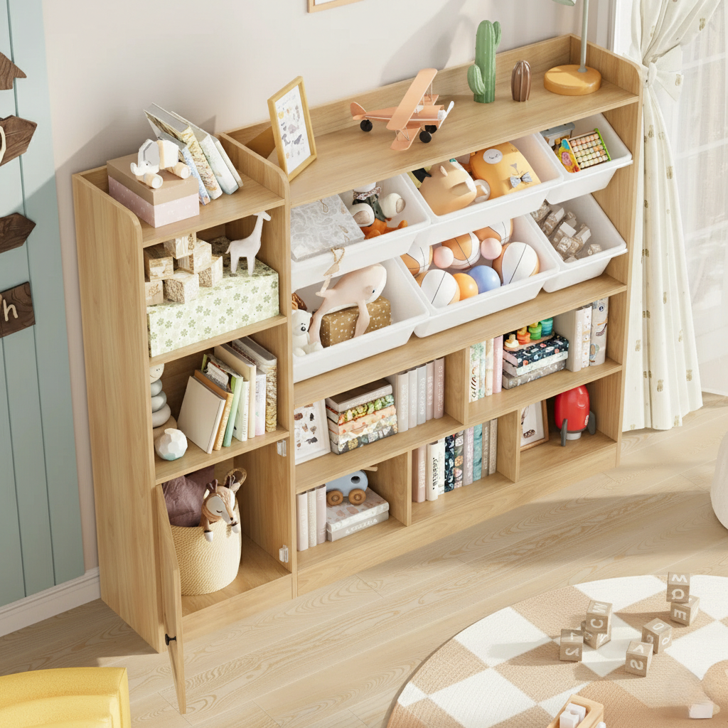 Modern Wooden Kids Bookcase with Open Shelves and Toy Storage Bins – Large Children’s Book and Toy Organizer for Bedroom, Nursery and Playroom