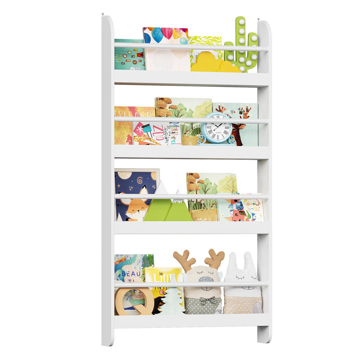 Modern Wall Mounted Kids Bookcase with Front Display Rails – White Wooden Children’s Book Shelf for Nursery, Bedroom and Reading Corner