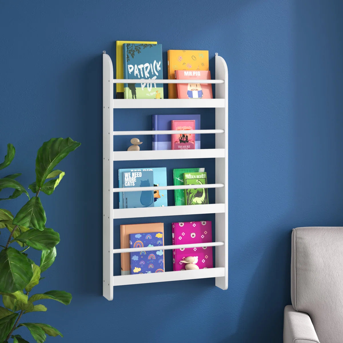 Modern Wall Mounted Kids Bookcase with Front Display Rails – White Wooden Children’s Book Shelf for Nursery, Bedroom and Reading Corner