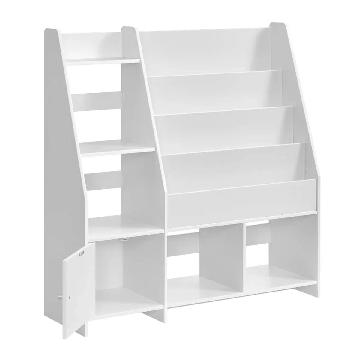 Modern White Kids Bookcase with Front Display Shelves and Side Storage – Wooden Children’s Book and Toy Organizer for Bedroom, Nursery and Playroom