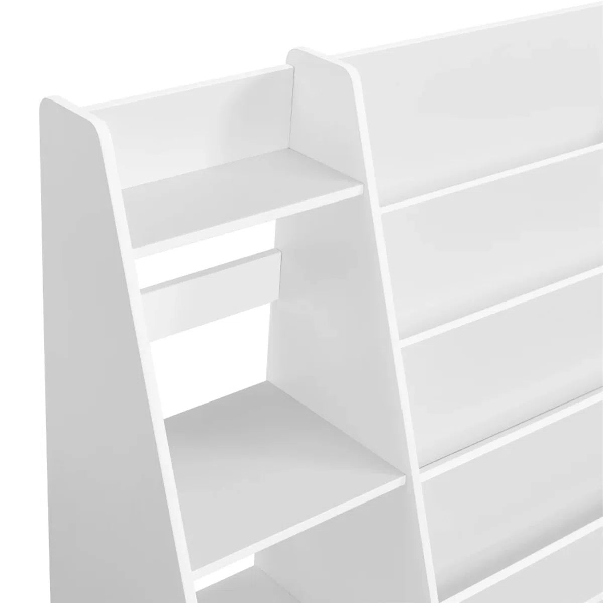 Modern White Kids Bookcase with Front Display Shelves and Side Storage – Wooden Children’s Book and Toy Organizer for Bedroom, Nursery and Playroom