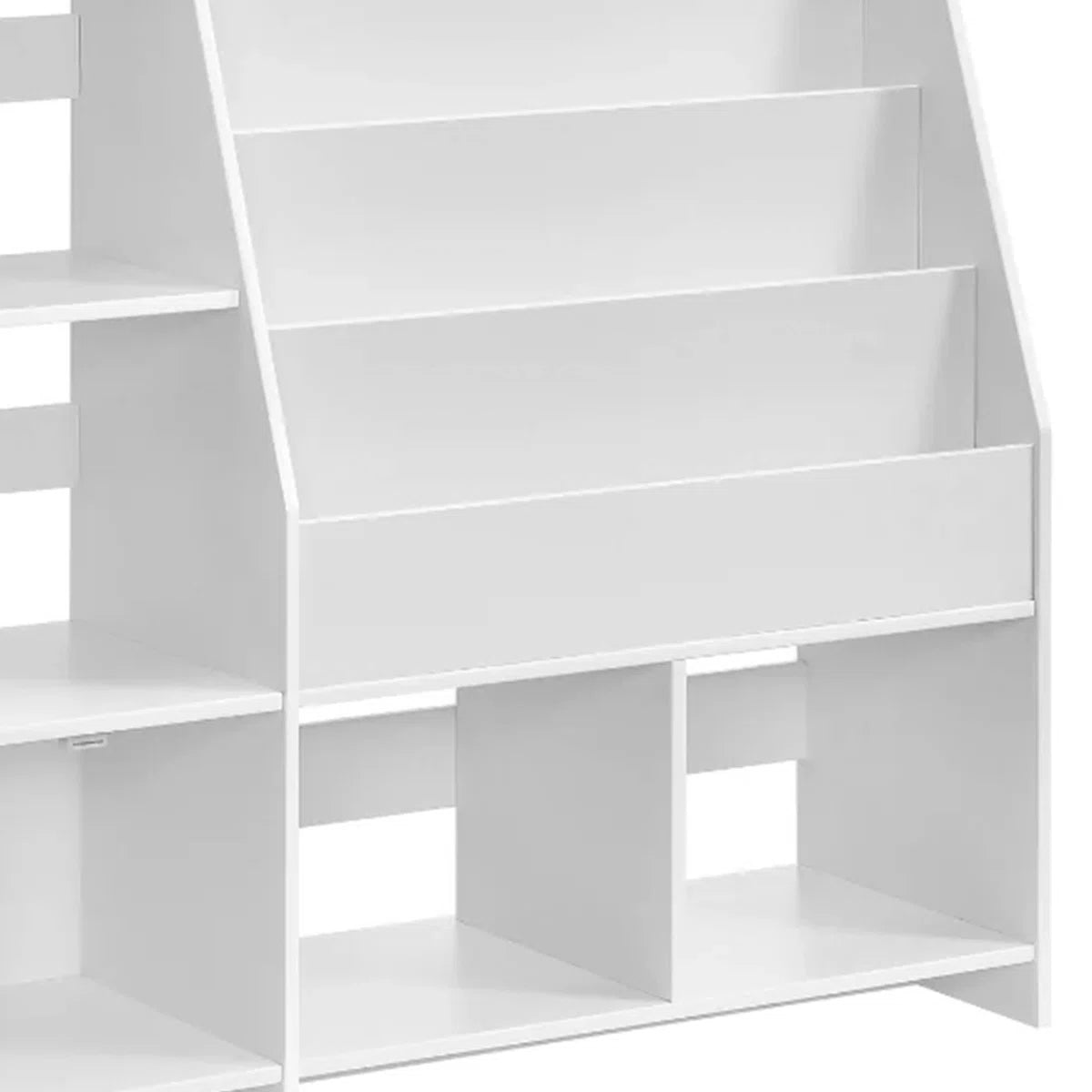 Modern White Kids Bookcase with Front Display Shelves and Side Storage – Wooden Children’s Book and Toy Organizer for Bedroom, Nursery and Playroom