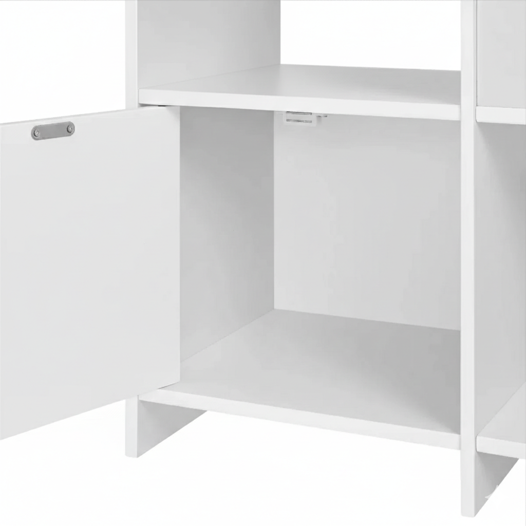 Modern White Kids Bookcase with Front Display Shelves and Side Storage – Wooden Children’s Book and Toy Organizer for Bedroom, Nursery and Playroom