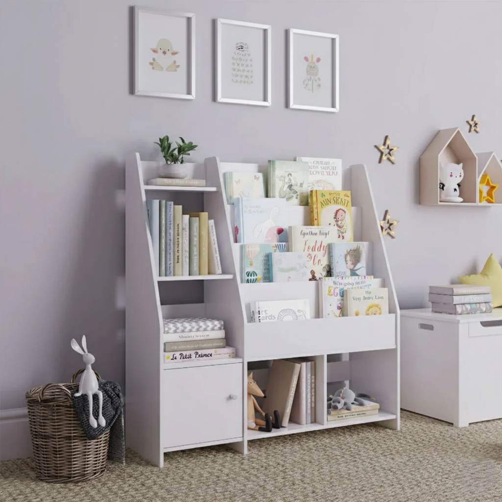 Modern White Kids Bookcase with Front Display Shelves and Side Storage – Wooden Children’s Book and Toy Organizer for Bedroom, Nursery and Playroom