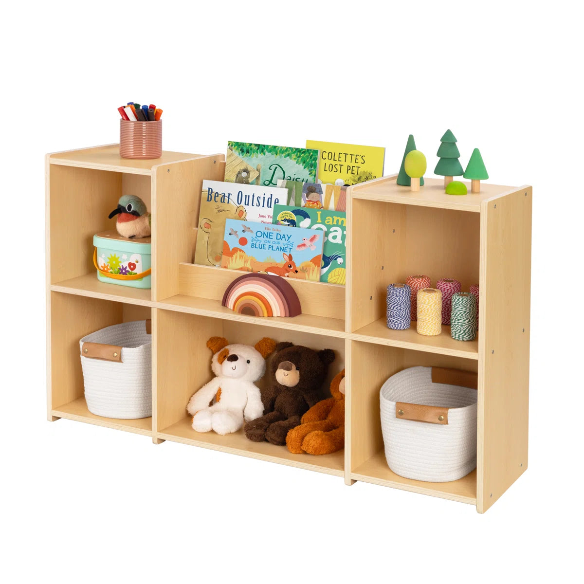 Modern Wooden Kids Bookcase with Open Cube Shelves and Front Book Display – Children’s Toy and Book Organizer for Bedroom, Nursery and Playroom