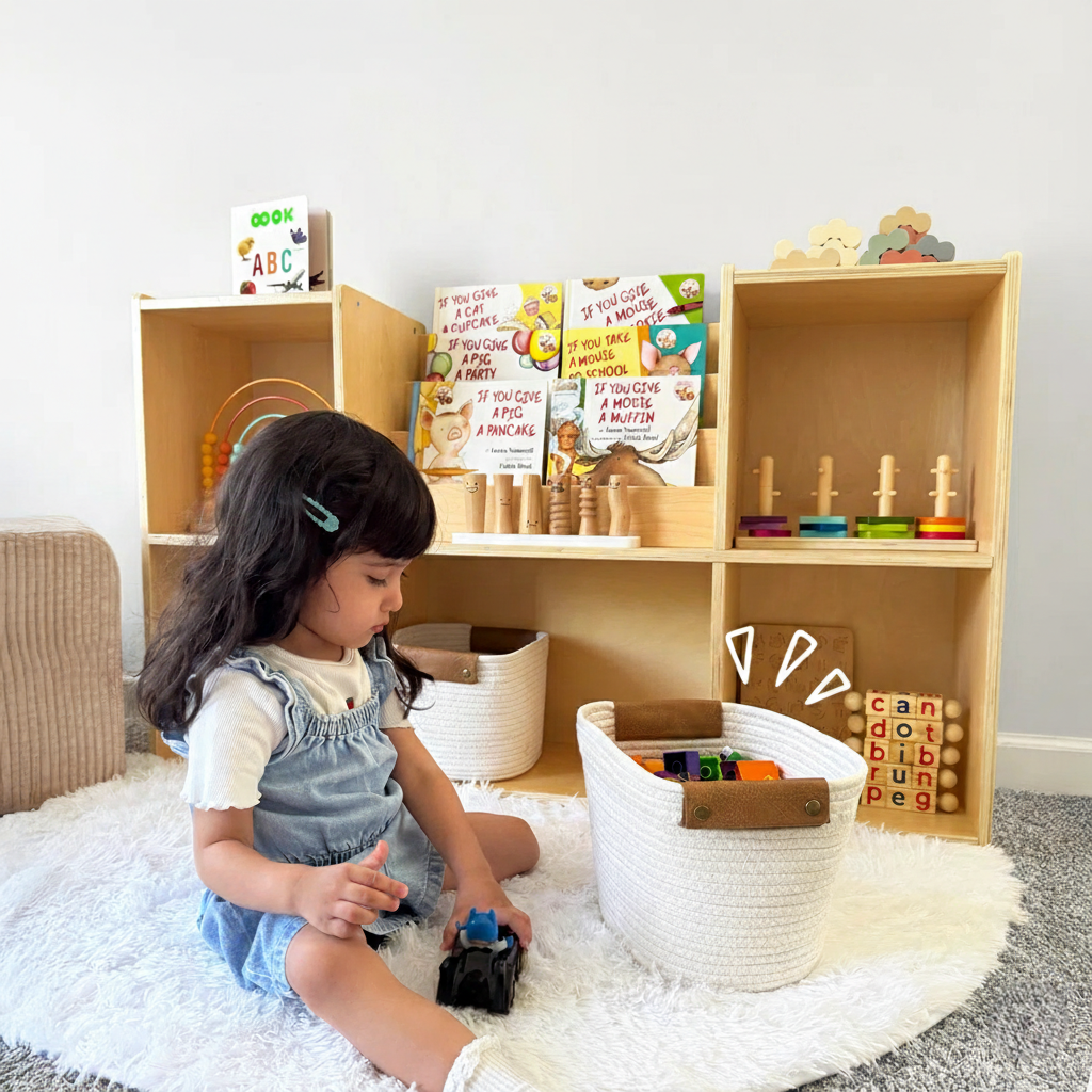 Modern Wooden Kids Bookcase with Open Cube Shelves and Front Book Display – Children’s Toy and Book Organizer for Bedroom, Nursery and Playroom