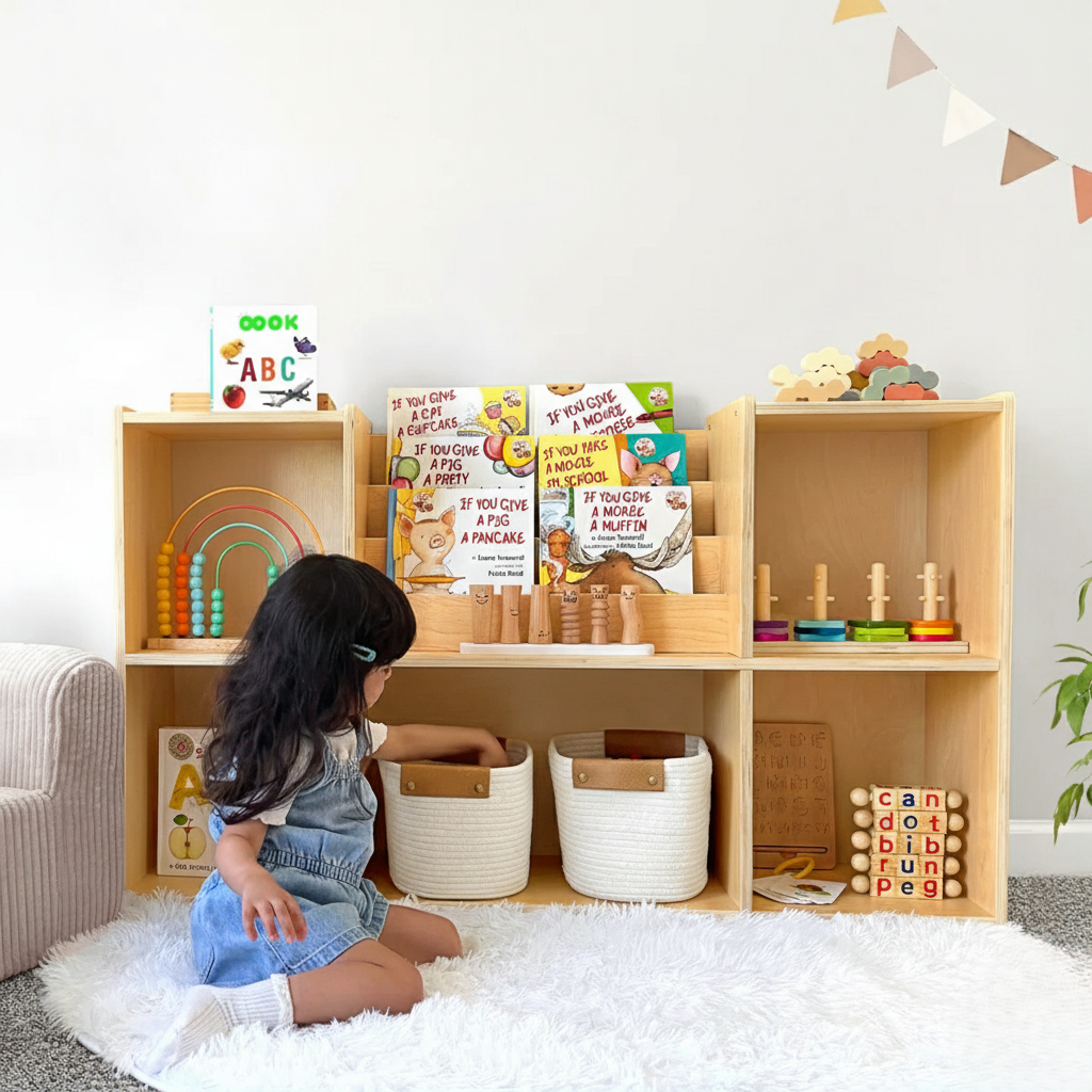Modern Wooden Kids Bookcase with Open Cube Shelves and Front Book Display – Children’s Toy and Book Organizer for Bedroom, Nursery and Playroom