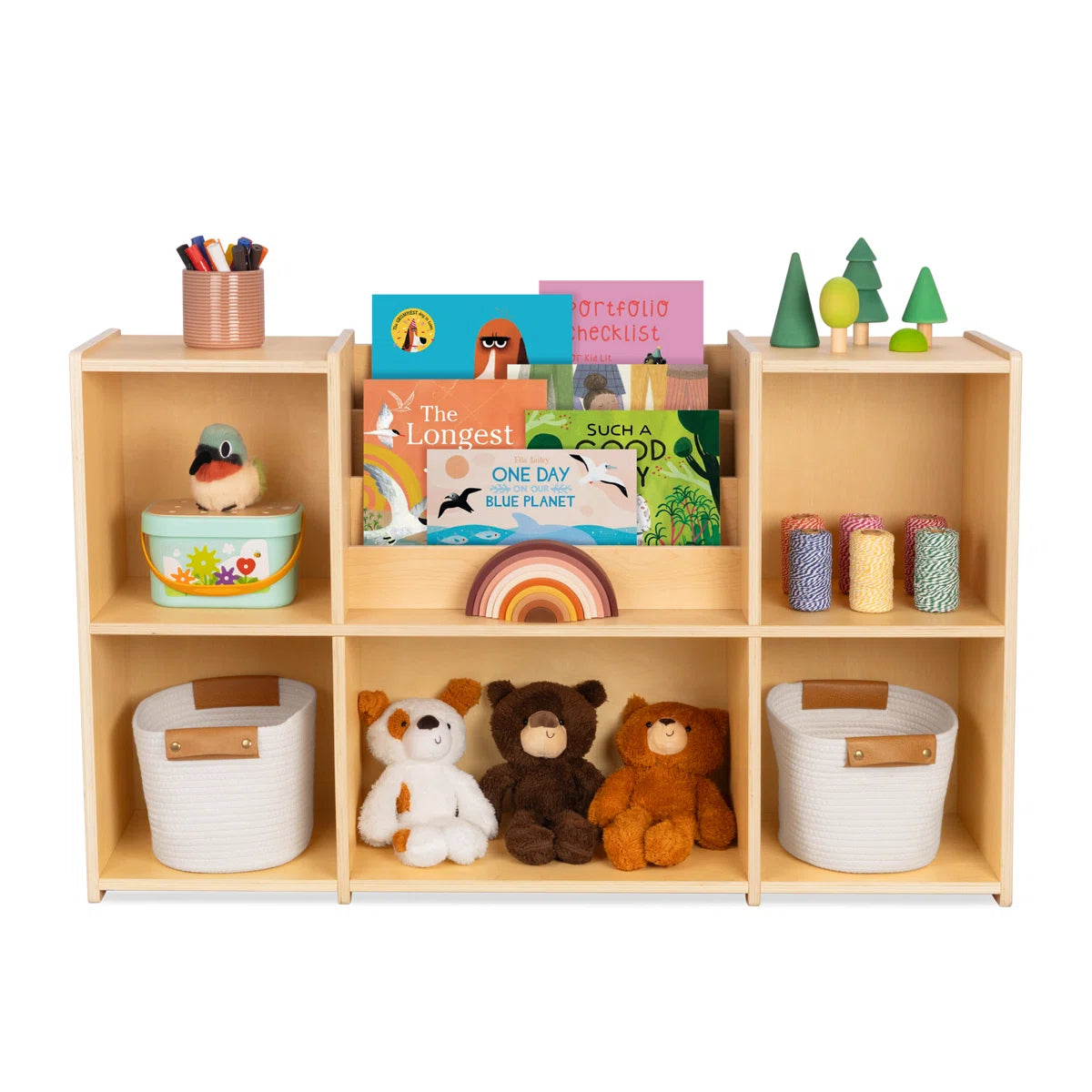 Modern Wooden Kids Bookcase with Open Cube Shelves and Front Book Display – Children’s Toy and Book Organizer for Bedroom, Nursery and Playroom