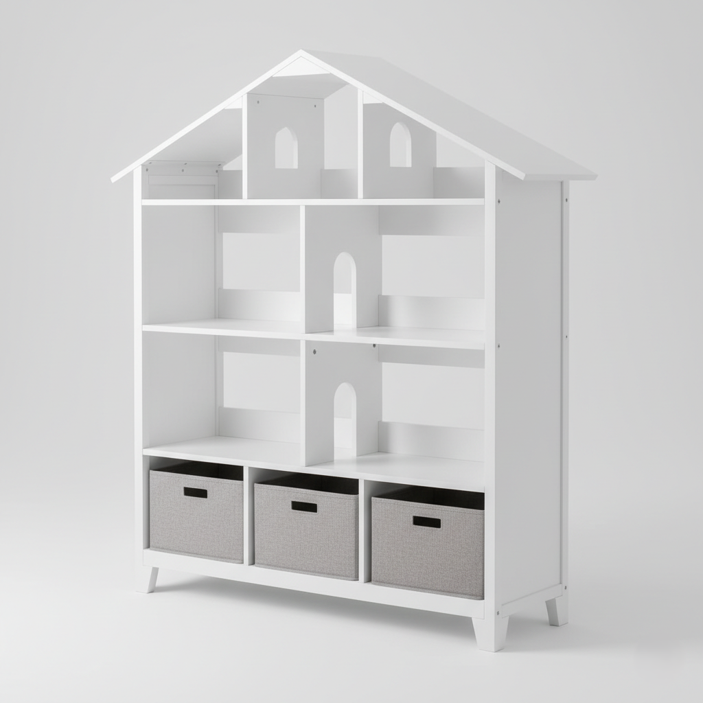 Modern House Shaped Kids Bookcase with Open Shelves and Bottom Storage Cubes – Wooden Children’s Toy and Book Organizer for Bedroom and Playroom