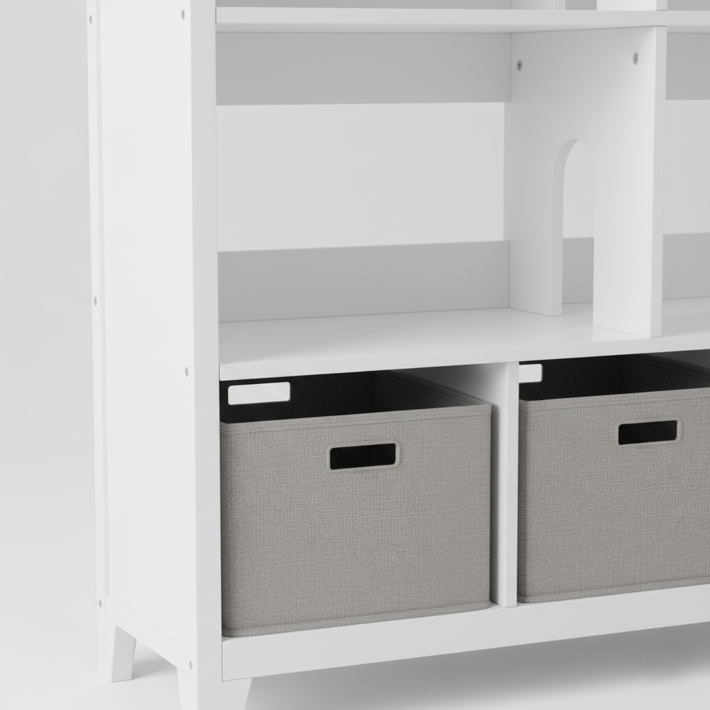 Modern House Shaped Kids Bookcase with Open Shelves and Bottom Storage Cubes – Wooden Children’s Toy and Book Organizer for Bedroom and Playroom