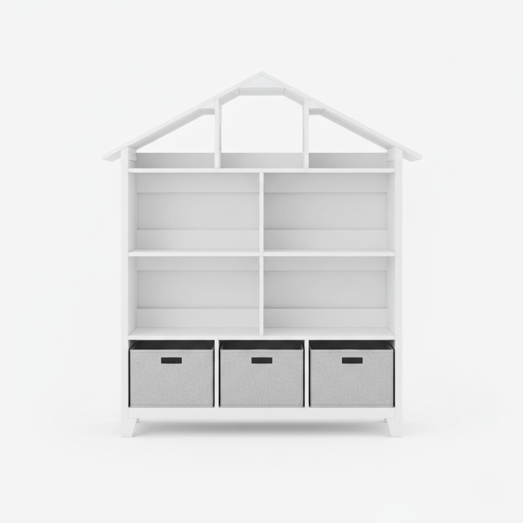 Modern House Shaped Kids Bookcase with Open Shelves and Bottom Storage Cubes – Wooden Children’s Toy and Book Organizer for Bedroom and Playroom