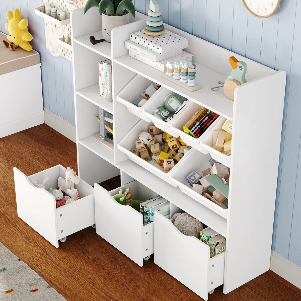 Modern White Kids Bookcase with Open Shelves and Removable Storage Bins – Wooden Children’s Toy Organizer and Bookshelf for Bedroom, Nursery and Playroom