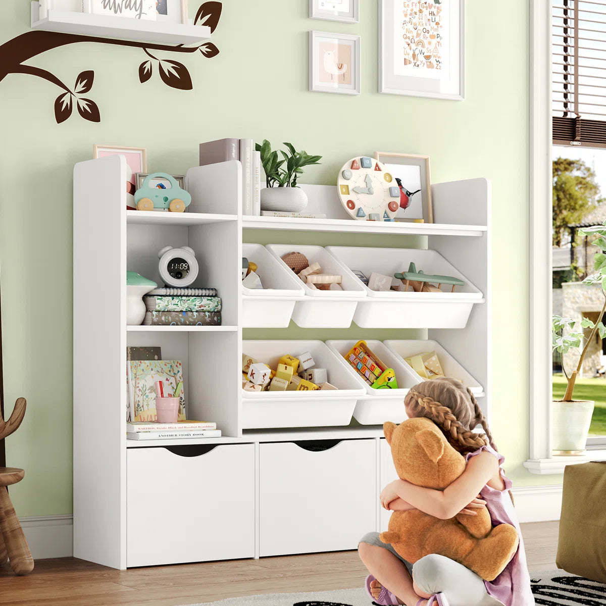 Modern White Kids Bookcase with Open Shelves and Removable Storage Bins – Wooden Children’s Toy Organizer and Bookshelf for Bedroom, Nursery and Playroom