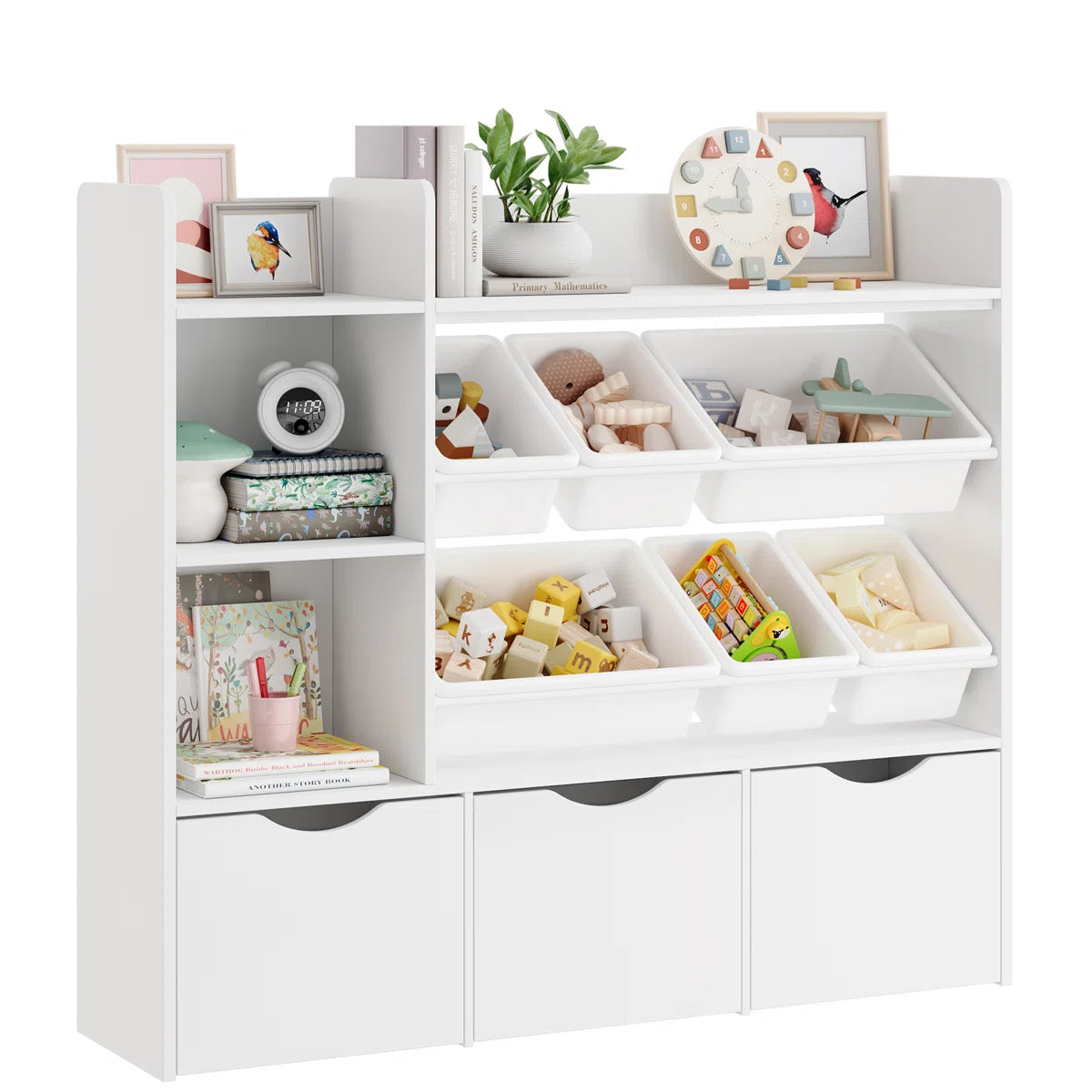Modern White Kids Bookcase with Open Shelves and Removable Storage Bins – Wooden Children’s Toy Organizer and Bookshelf for Bedroom, Nursery and Playroom
