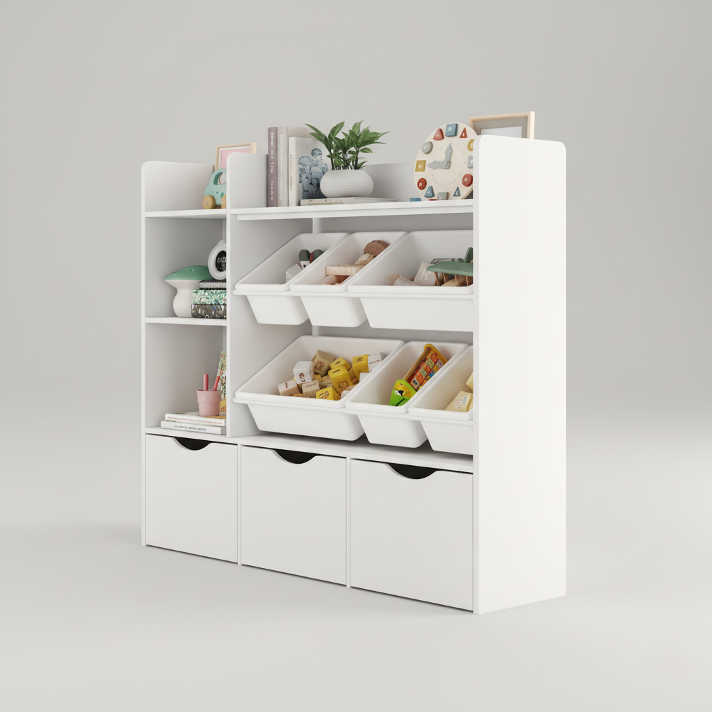 Modern White Kids Bookcase with Open Shelves and Removable Storage Bins – Wooden Children’s Toy Organizer and Bookshelf for Bedroom, Nursery and Playroom
