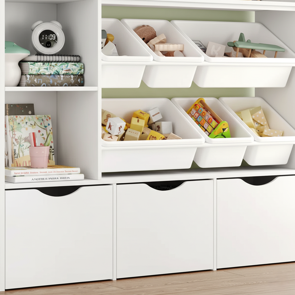 Modern White Kids Bookcase with Open Shelves and Removable Storage Bins – Wooden Children’s Toy Organizer and Bookshelf for Bedroom, Nursery and Playroom