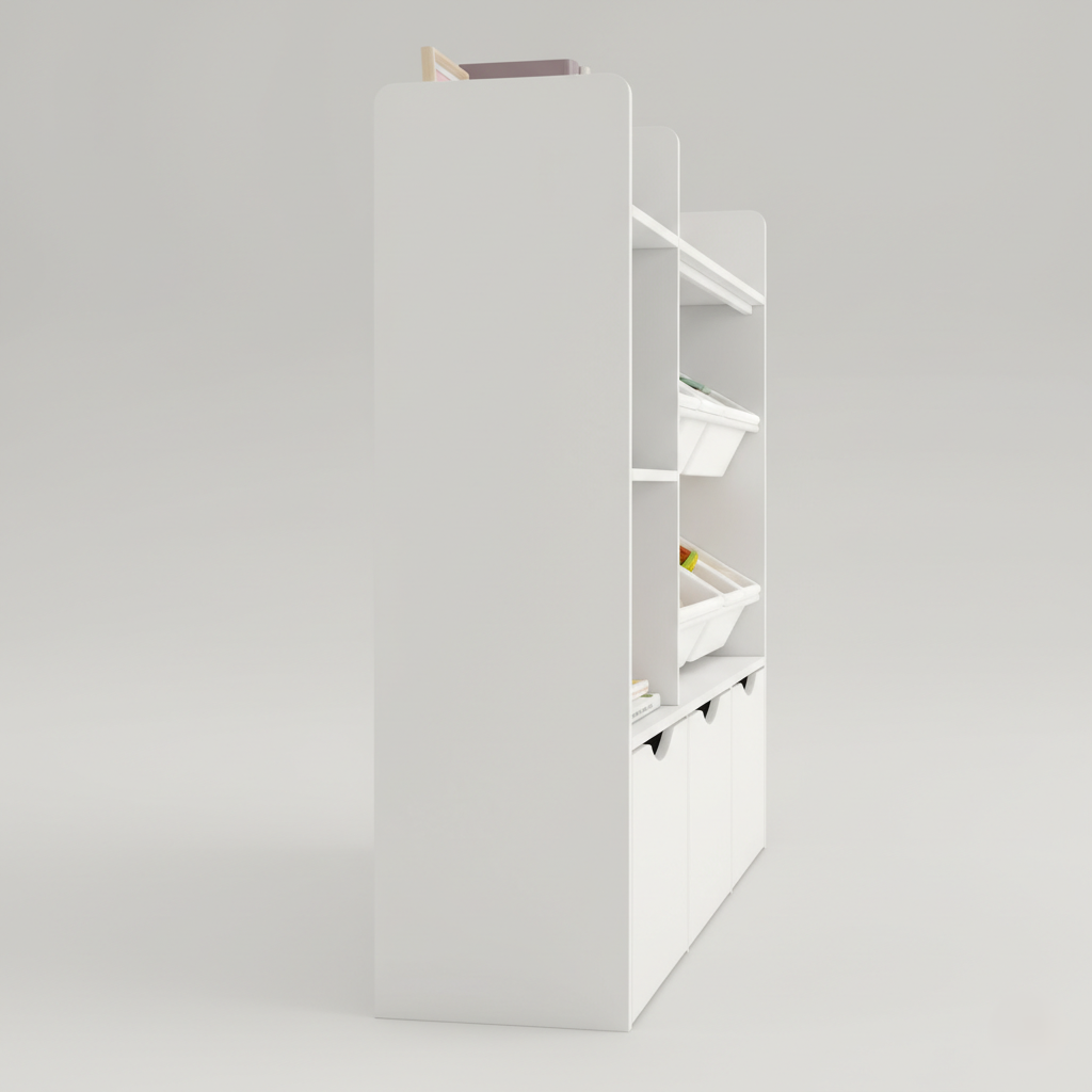 Modern White Kids Bookcase with Open Shelves and Removable Storage Bins – Wooden Children’s Toy Organizer and Bookshelf for Bedroom, Nursery and Playroom