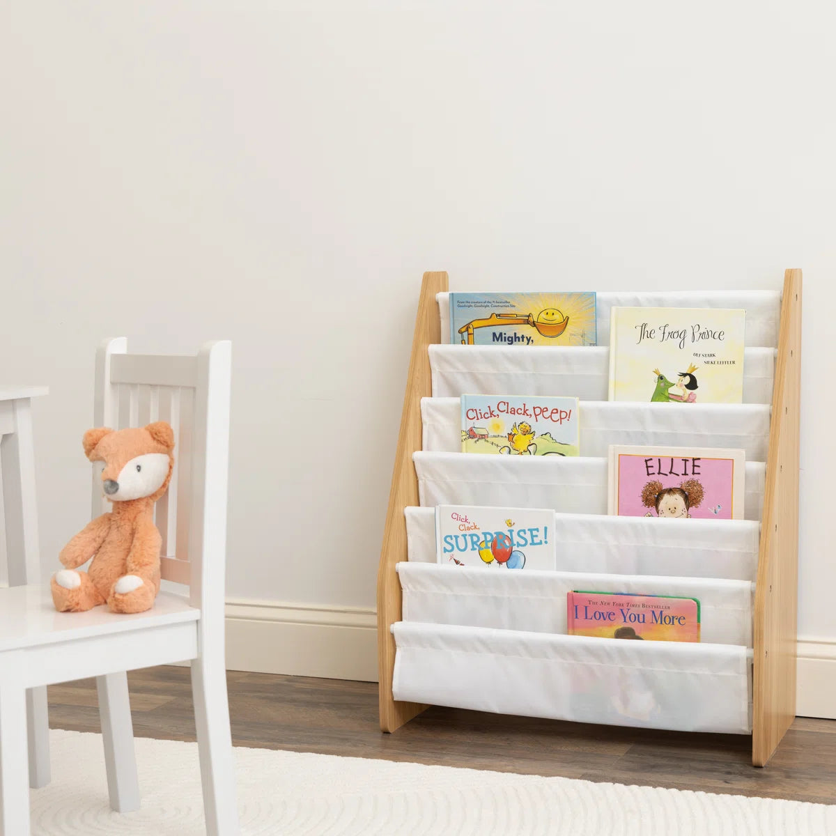 Modern Kids Wooden Sling Bookcase with Front Facing Fabric Shelves – Space Saving Children’s Book Display Rack for Nursery, Bedroom and Playroom