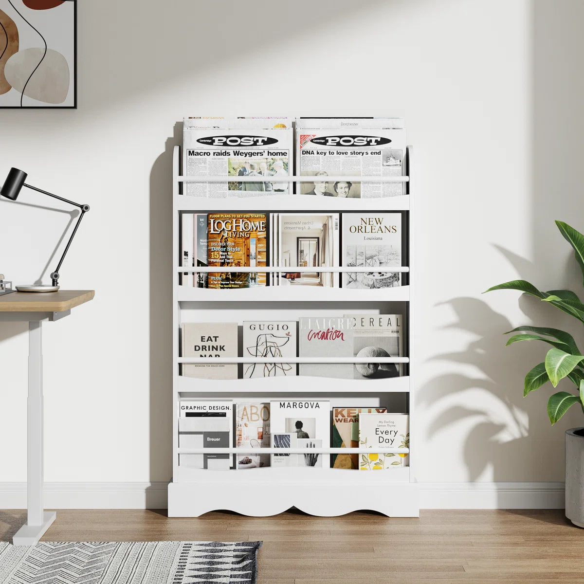 Modern White Wooden Kids Bookcase with Front-Facing Display Shelves for Books and Magazines - Space Saving Children’s Bookshelf for Bedroom and Playroom