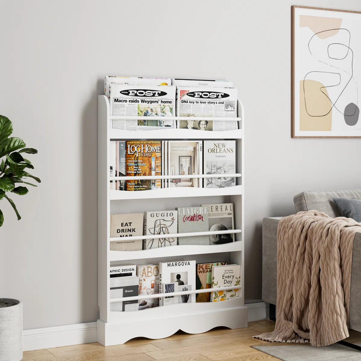 Modern White Wooden Kids Bookcase with Front-Facing Display Shelves for Books and Magazines - Space Saving Children’s Bookshelf for Bedroom and Playroom