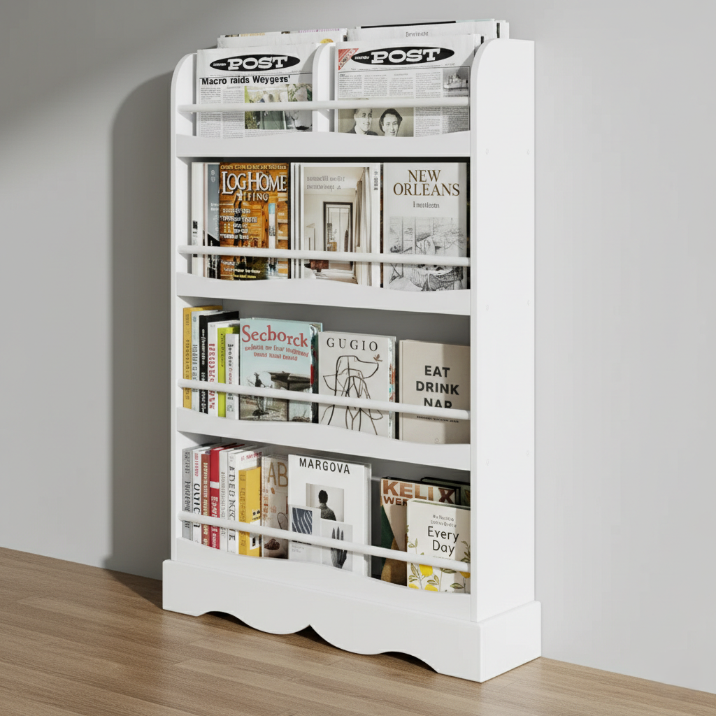 Modern White Wooden Kids Bookcase with Front-Facing Display Shelves for Books and Magazines - Space Saving Children’s Bookshelf for Bedroom and Playroom