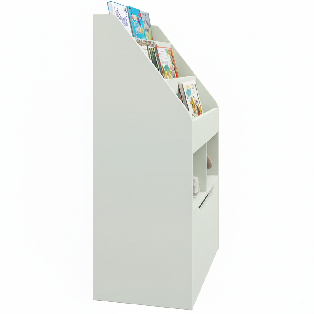 Modern Kids Bookcase with Tiered Front Book Display and Storage Compartments - Wooden Children’s Bookshelf Organizer for Bedroom, Nursery and Playroom