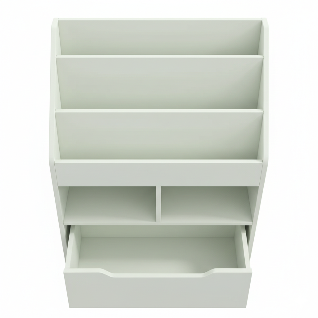 Modern Kids Bookcase with Tiered Front Book Display and Storage Compartments - Wooden Children’s Bookshelf Organizer for Bedroom, Nursery and Playroom