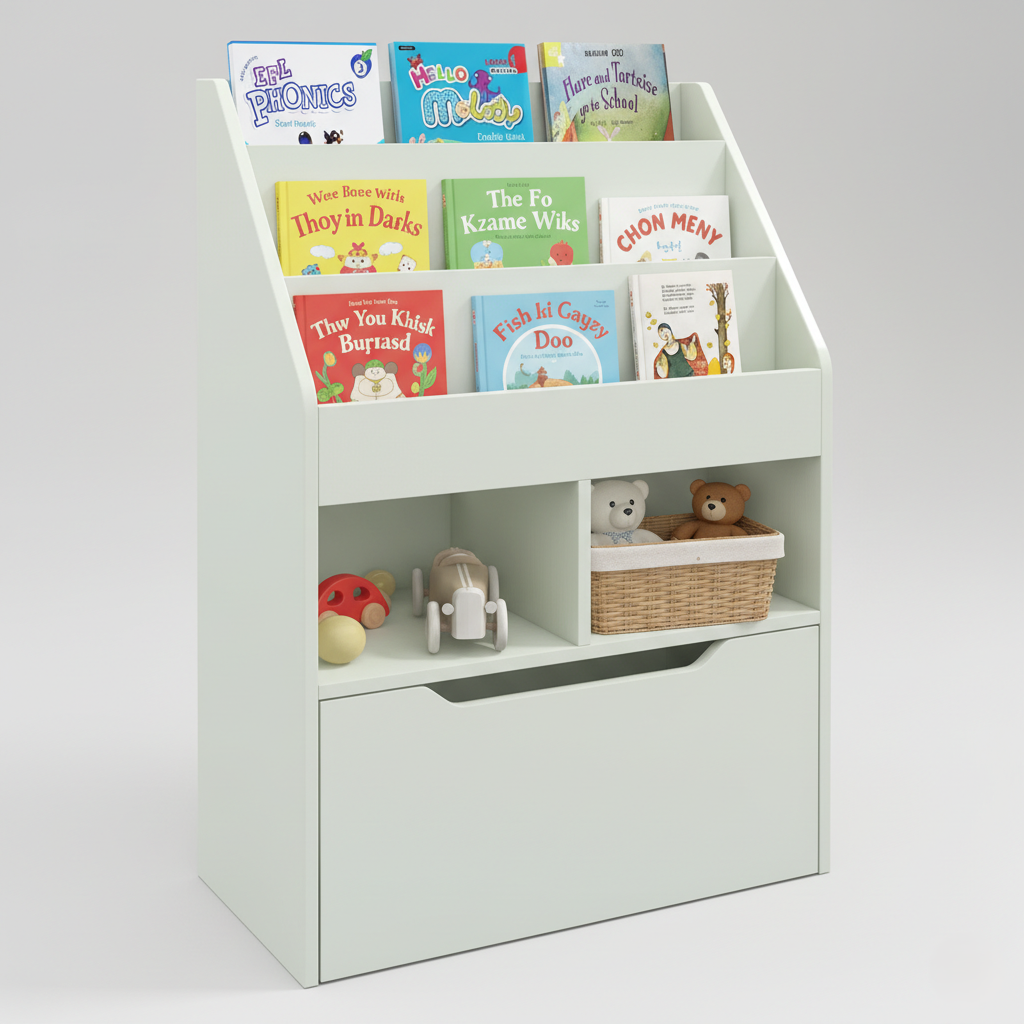 Modern Kids Bookcase with Tiered Front Book Display and Storage Compartments - Wooden Children’s Bookshelf Organizer for Bedroom, Nursery and Playroom