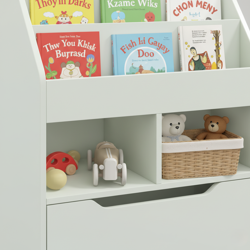 Modern Kids Bookcase with Tiered Front Book Display and Storage Compartments - Wooden Children’s Bookshelf Organizer for Bedroom, Nursery and Playroom
