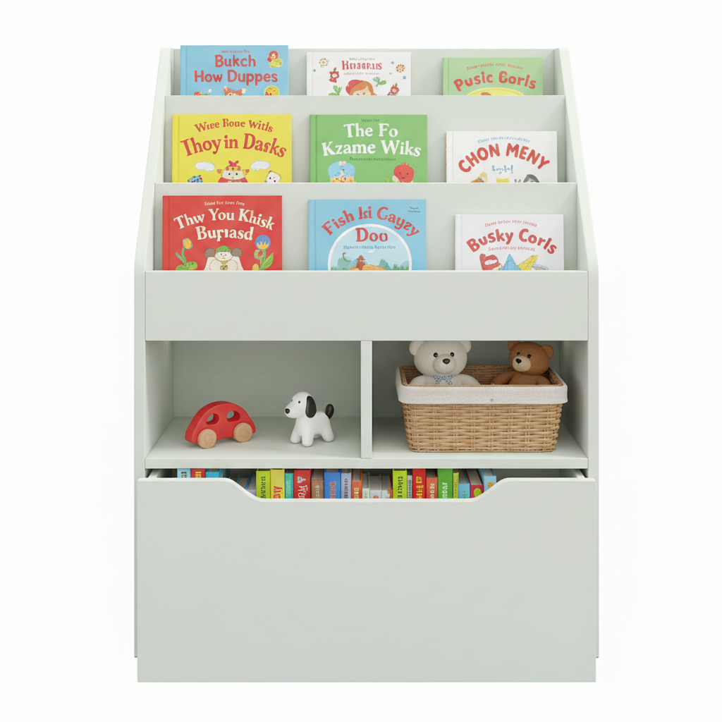 Modern Kids Bookcase with Tiered Front Book Display and Storage Compartments - Wooden Children’s Bookshelf Organizer for Bedroom, Nursery and Playroom