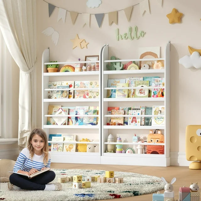 Modern White Kids Wall-Mounted Bookcase with Multi-Tier Front Display Shelves - Wooden Children’s Bookshelf Organizer for Bedroom, Nursery and Playroom - Set of 2