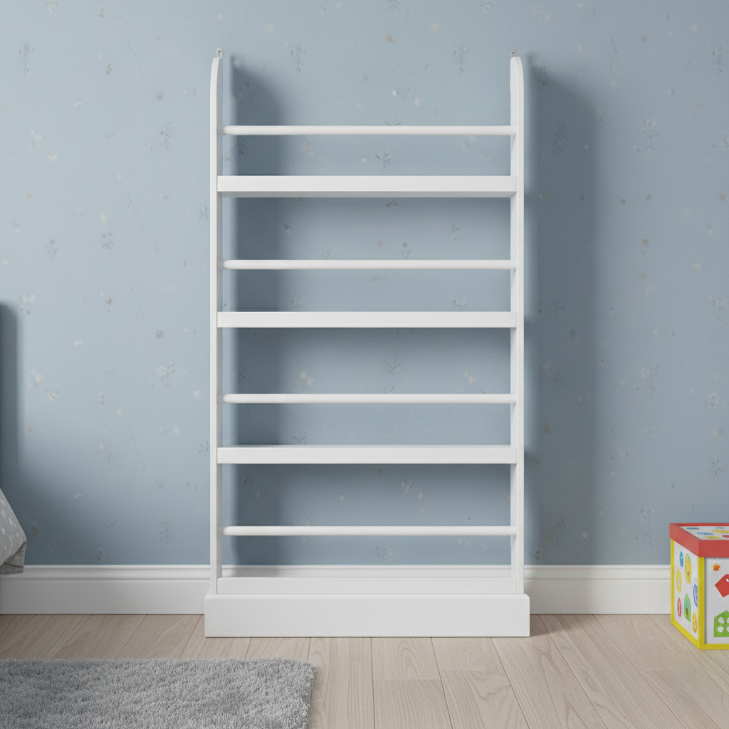 Modern White Kids Wall-Mounted Bookcase with Multi-Tier Front Display Shelves - Wooden Children’s Bookshelf Organizer for Bedroom, Nursery and Playroom - Set of 2
