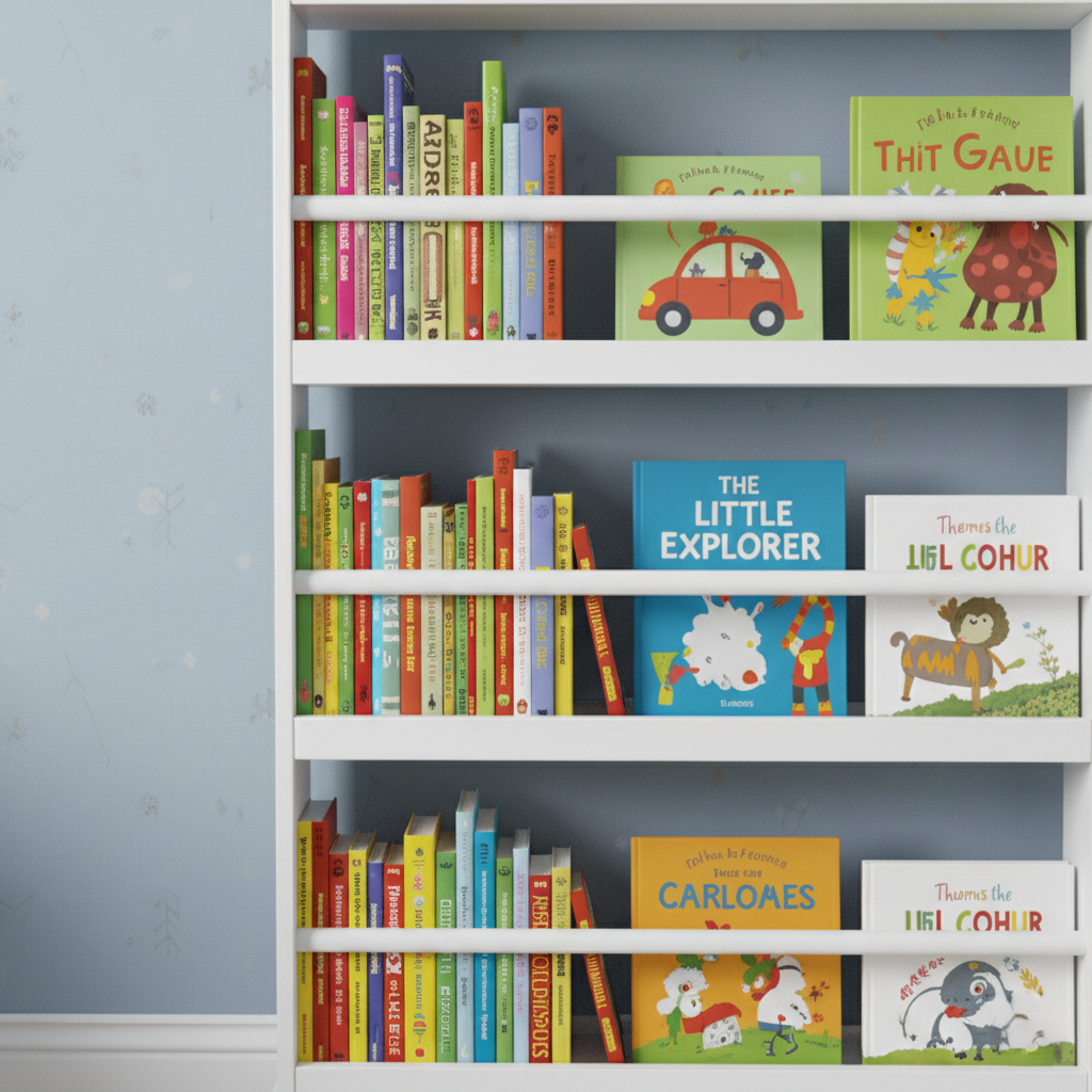 Modern White Kids Wall-Mounted Bookcase with Multi-Tier Front Display Shelves - Wooden Children’s Bookshelf Organizer for Bedroom, Nursery and Playroom - Set of 2