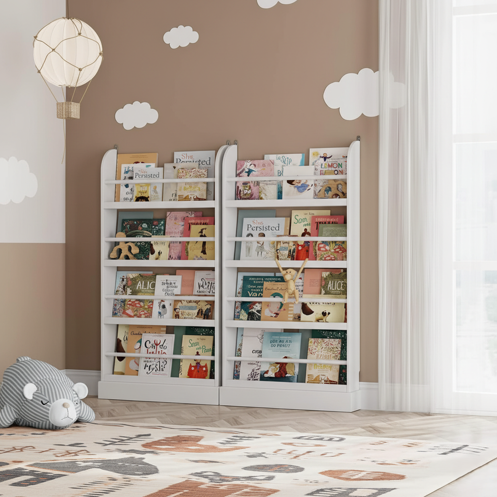 Modern White Kids Wall-Mounted Bookcase with Multi-Tier Front Display Shelves - Wooden Children’s Bookshelf Organizer for Bedroom, Nursery and Playroom - Set of 2