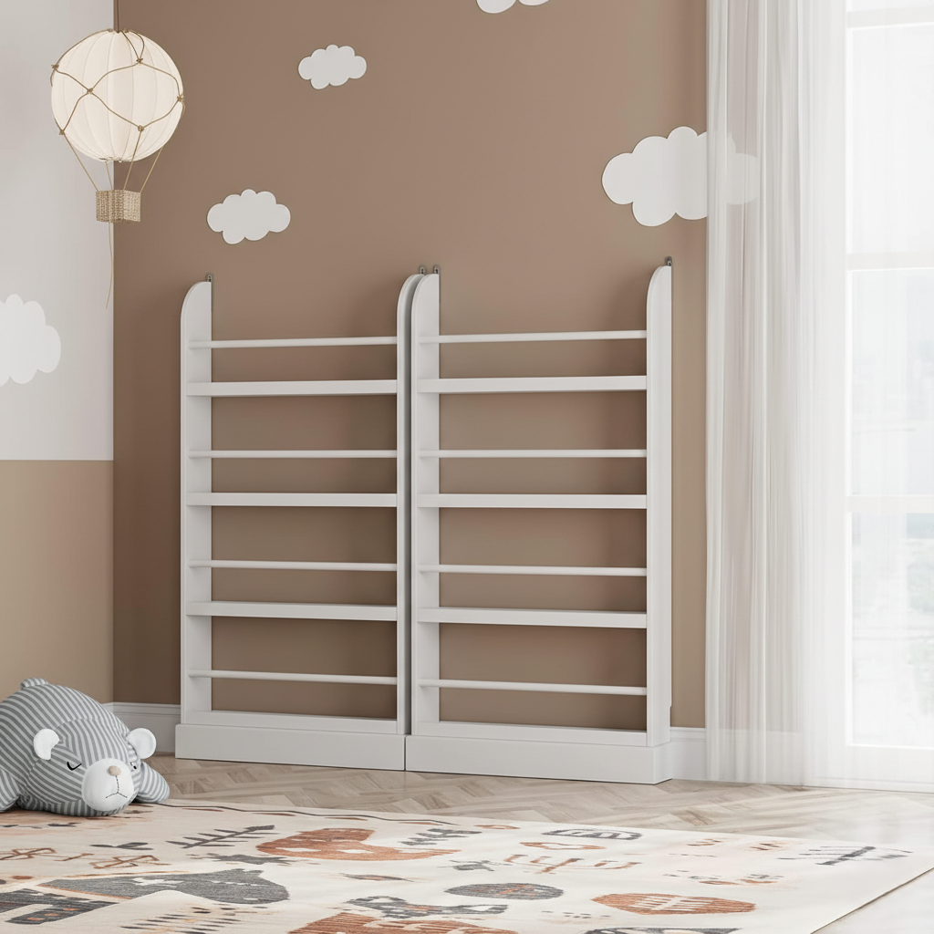 Modern White Kids Wall-Mounted Bookcase with Multi-Tier Front Display Shelves - Wooden Children’s Bookshelf Organizer for Bedroom, Nursery and Playroom - Set of 2