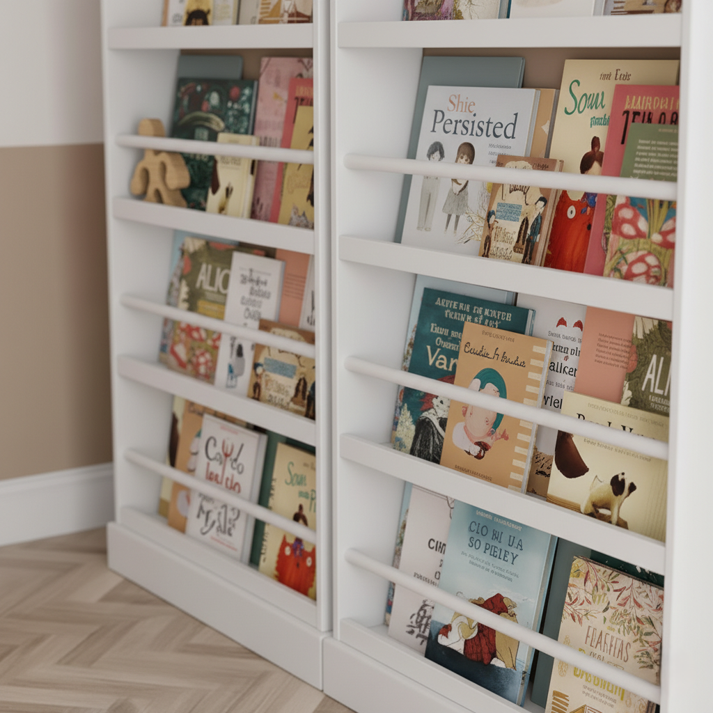 Modern White Kids Wall-Mounted Bookcase with Multi-Tier Front Display Shelves - Wooden Children’s Bookshelf Organizer for Bedroom, Nursery and Playroom - Set of 2